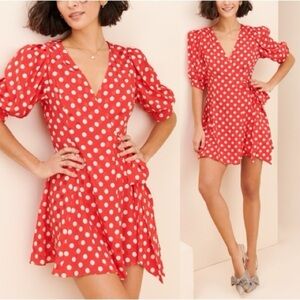 Ronny Kobo Anna Red Polka Dot Silk Wrap Dress Puff Sleeve Mini Size Medium